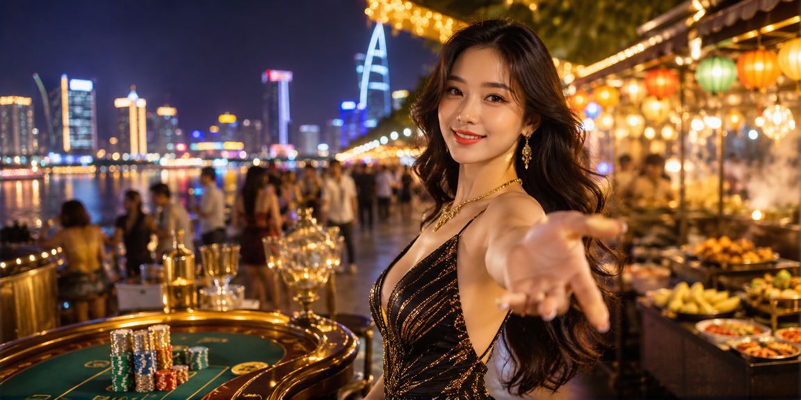 Khu giải trí casino và chợ đêm tại TP.HCM với ánh đèn sặc sỡ và không khí sôi động