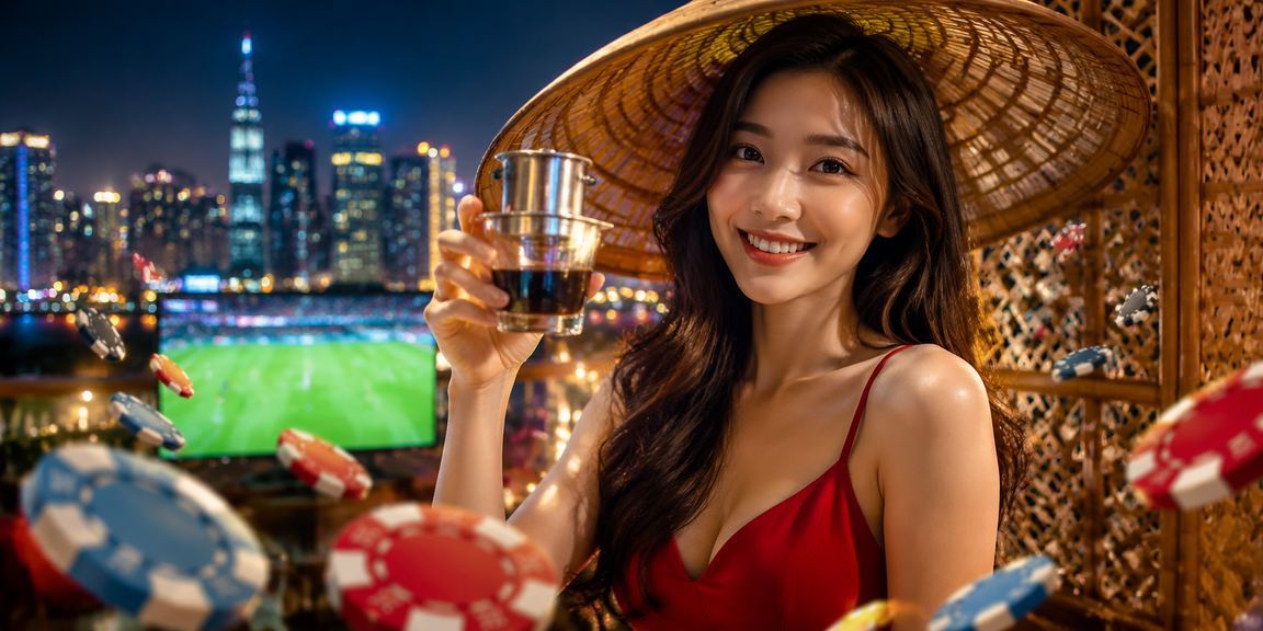 Người phụ nữ đội nón lá tại TP.HCM xem kết quả bóng đá trên điện thoại giữa không gian đô thị