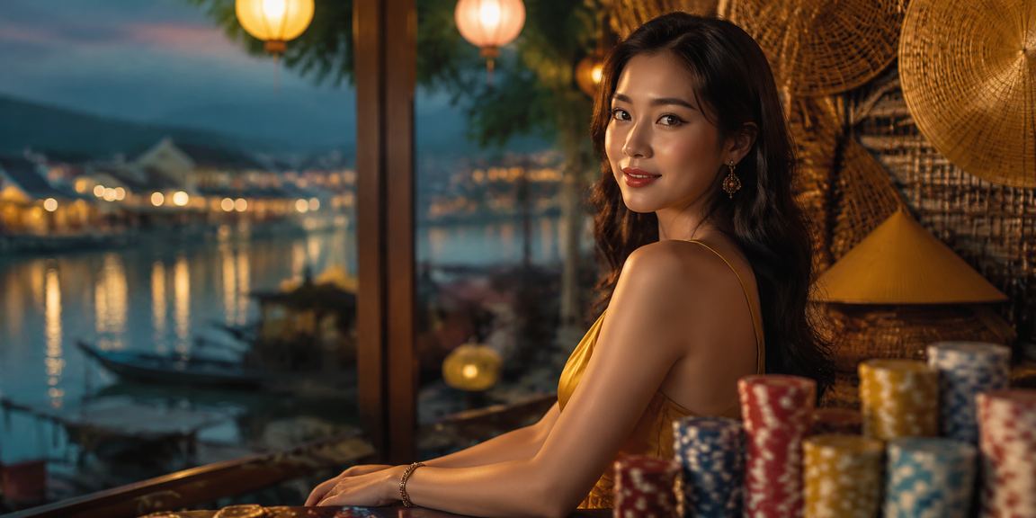 Người chơi tại Hội An trải nghiệm slot game trên điện thoại với khung cảnh nón lá truyền thống