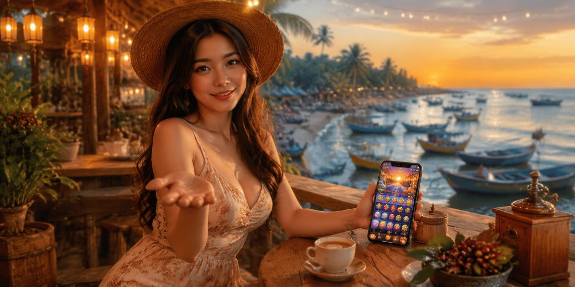 Người dùng tại Mũi Né thư giãn bên ly cà phê và kiểm tra số dư tài khoản giải trí trực tuyến trên điện thoại