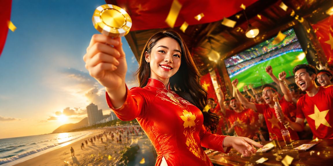 Người phụ nữ mặc áo dài tại Vũng Tàu kiểm tra tài khoản cá cược trên điện thoại bên bờ biển
